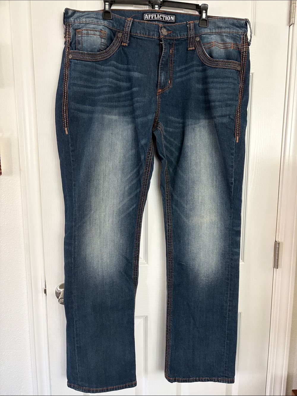 Affliction Men's Indigo Blue Straight Jeans with Faded Panels